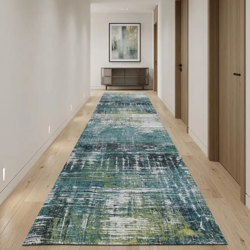 10' Blue And Green Abstract Runner Rug Photo 1