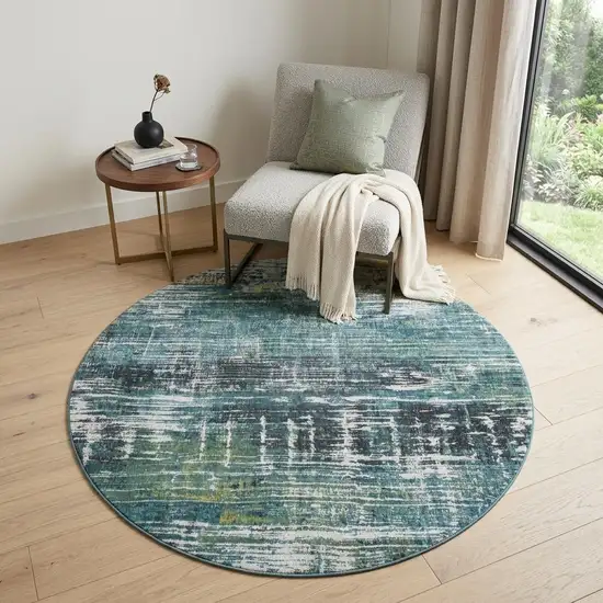 5' Blue and Green Round Abstract Non Skid Area Rug Photo 1