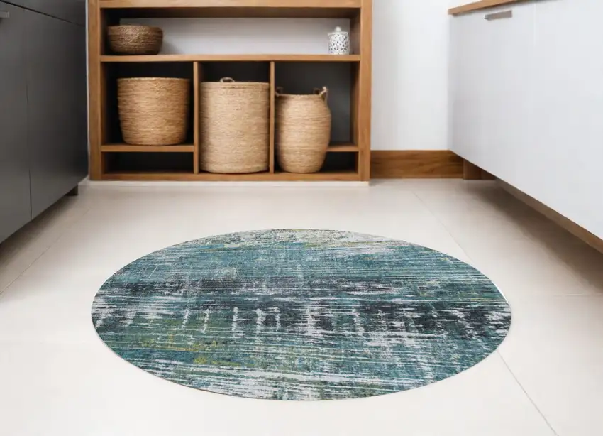 5' Blue and Green Round Abstract Non Skid Area Rug Photo 1