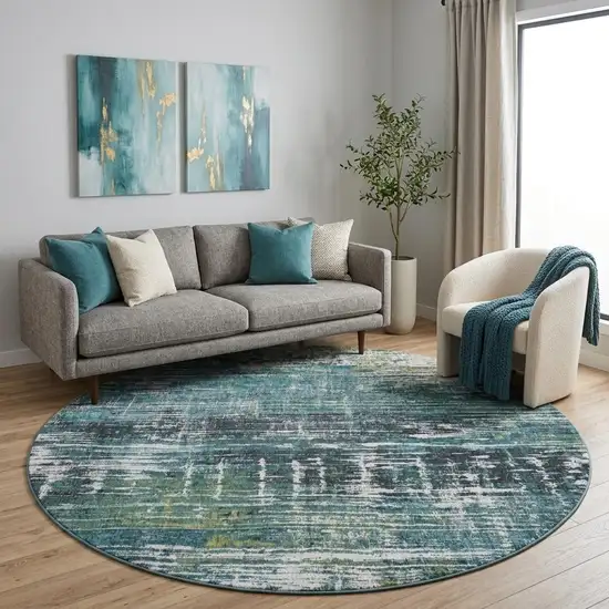 8' Blue and Green Round Abstract Non Skid Area Rug Photo 1