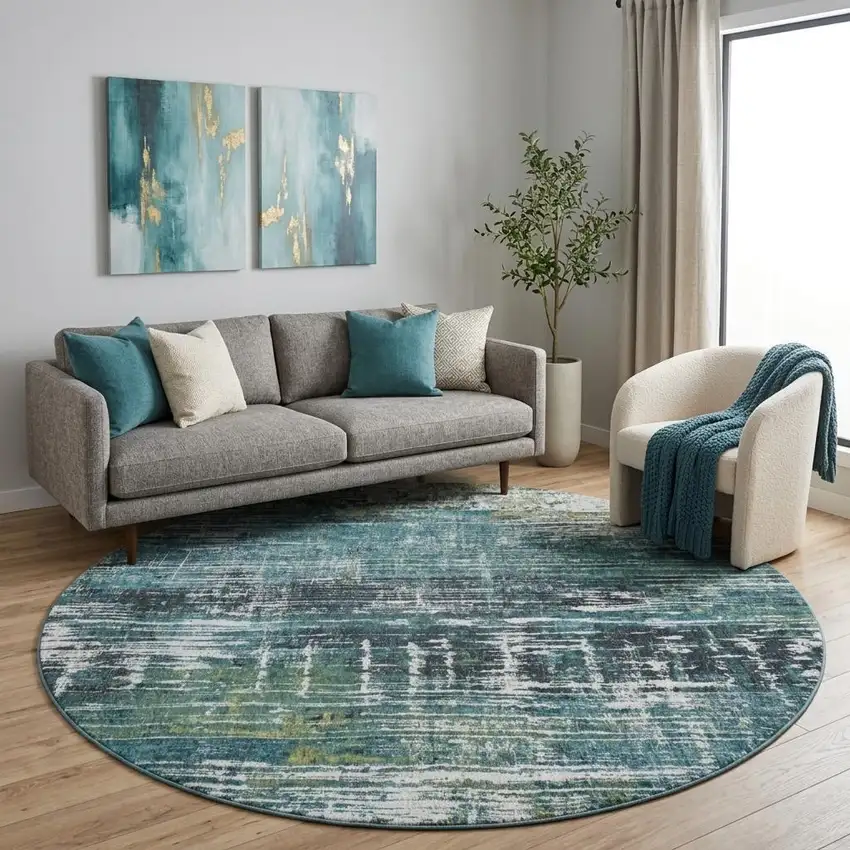 8' Blue and Green Round Abstract Non Skid Area Rug Photo 1