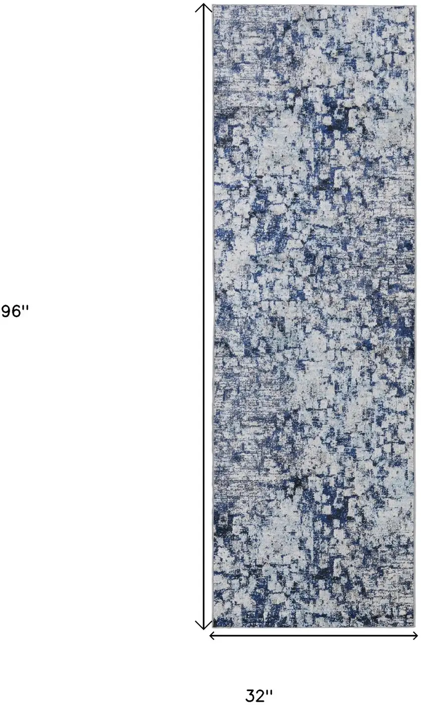 8' Blue and Ivory Abstract Power Loom Distressed Runner Rug Photo 6