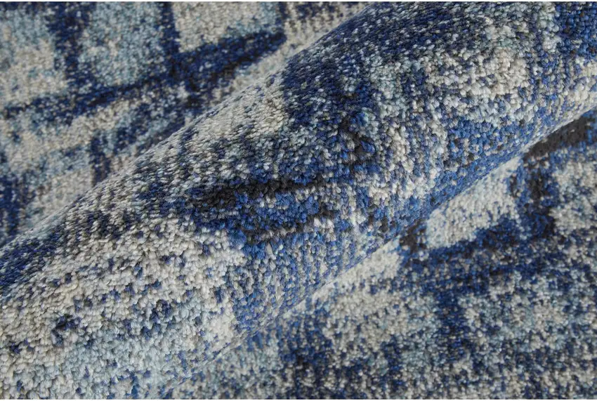 8' Blue and Ivory Abstract Power Loom Distressed Runner Rug Photo 7