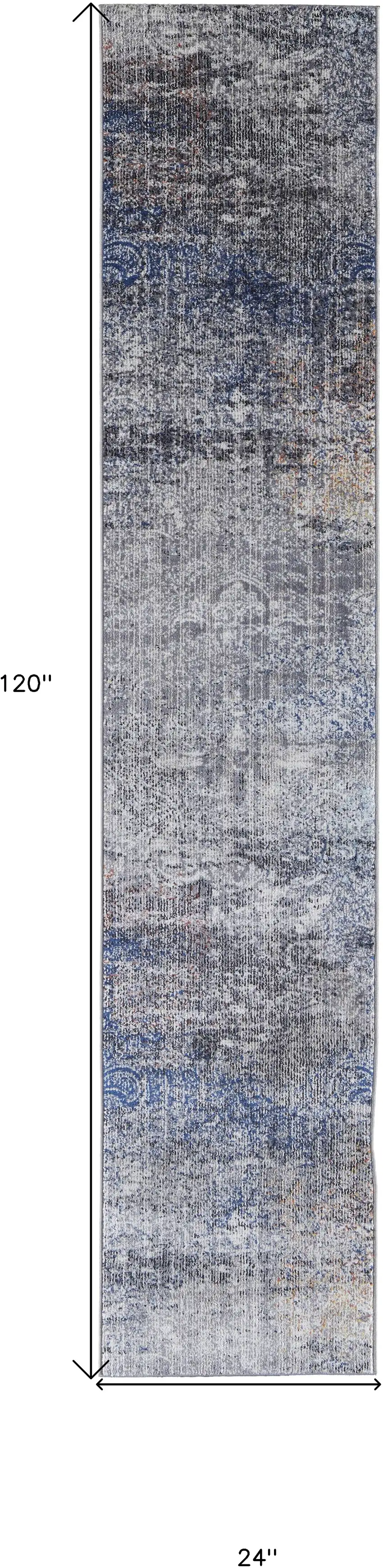 10' Blue and Ivory Abstract Power Loom Distressed Runner Rug Photo 3