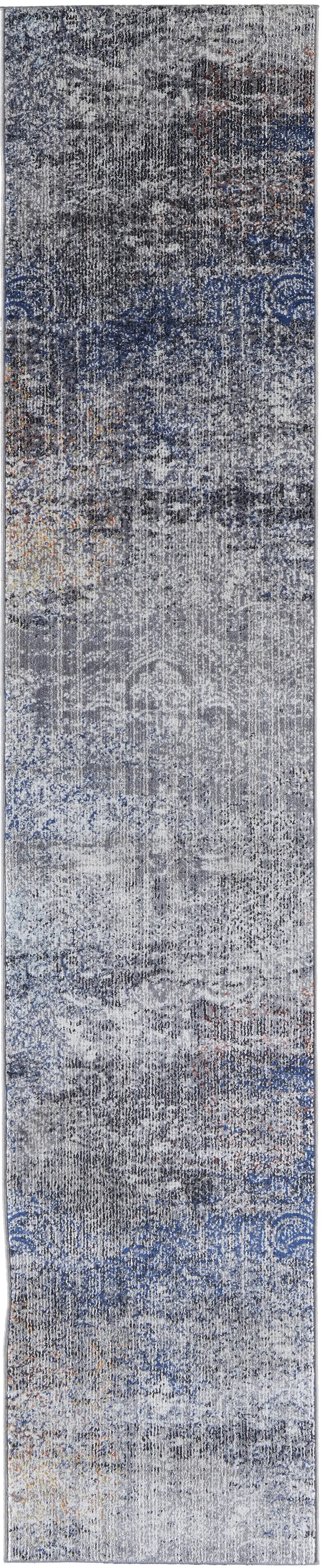 10' Blue and Ivory Abstract Power Loom Distressed Runner Rug Photo 4