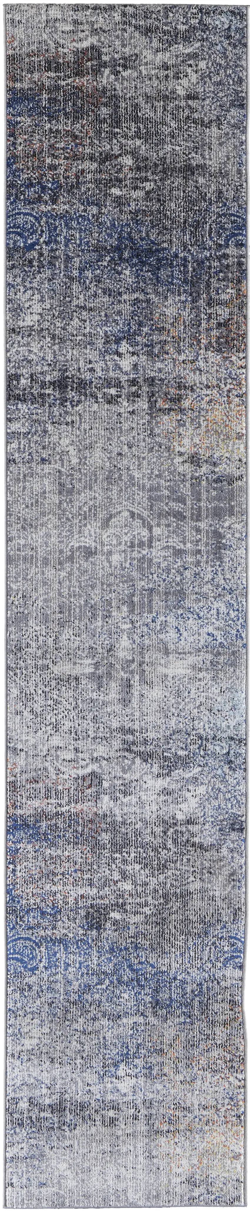10' Blue and Ivory Abstract Power Loom Distressed Runner Rug Photo 2