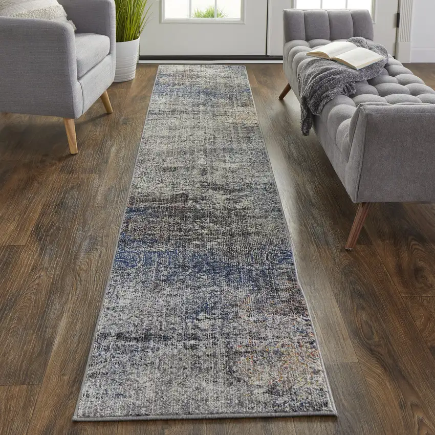 10' Blue and Ivory Abstract Power Loom Distressed Runner Rug Photo 6