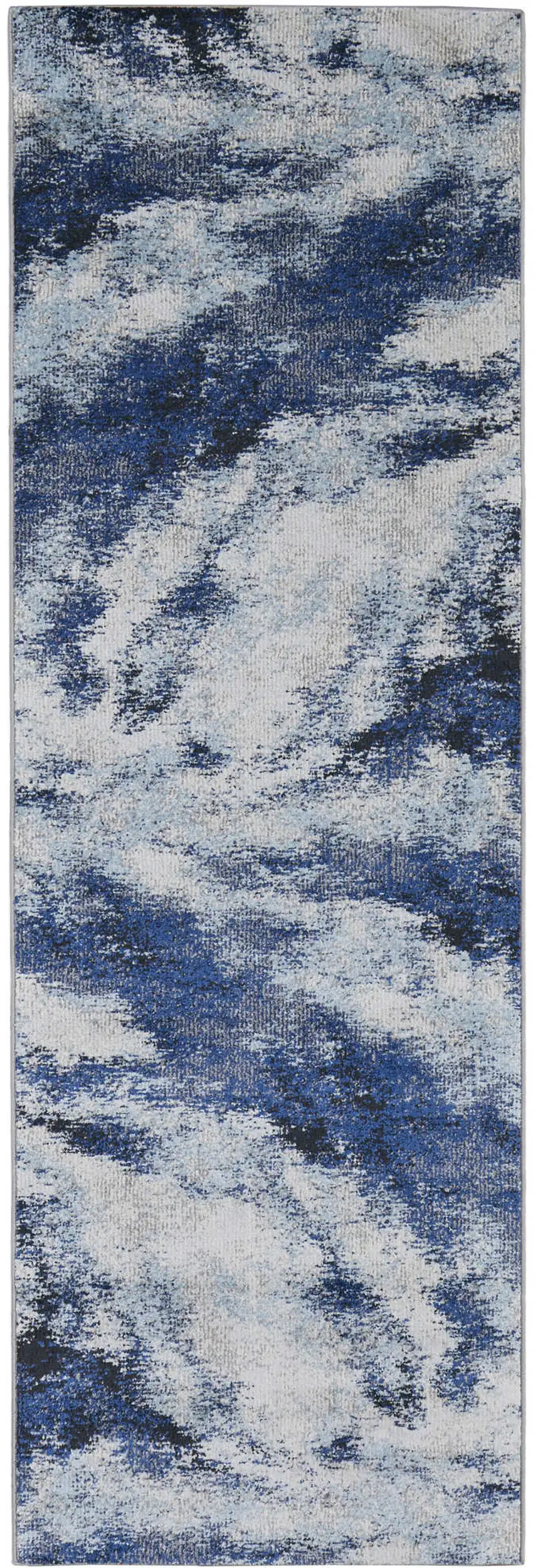 8' Blue and Ivory Abstract Power Loom Runner Rug Photo 1