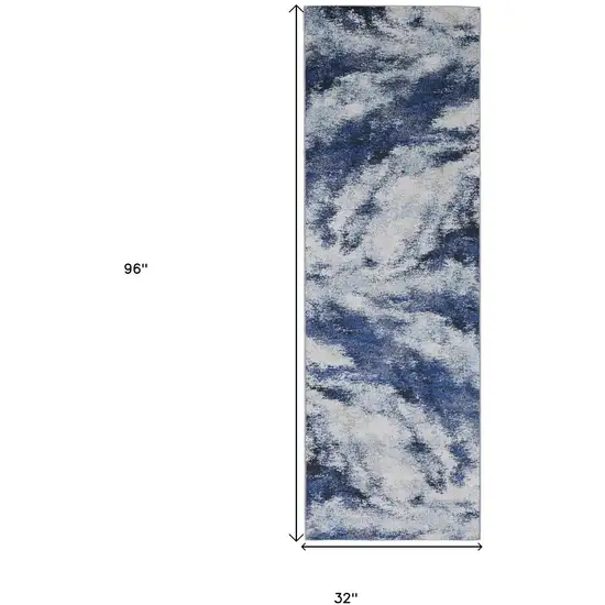 8' Blue and Ivory Abstract Power Loom Runner Rug Photo 6