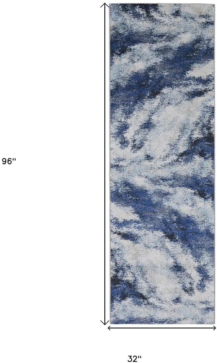 8' Blue and Ivory Abstract Power Loom Runner Rug Photo 6