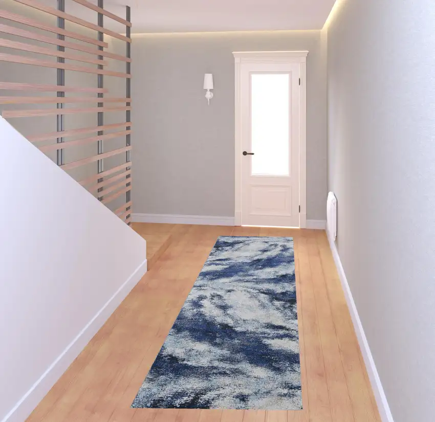 8' Blue and Ivory Abstract Power Loom Runner Rug Photo 2