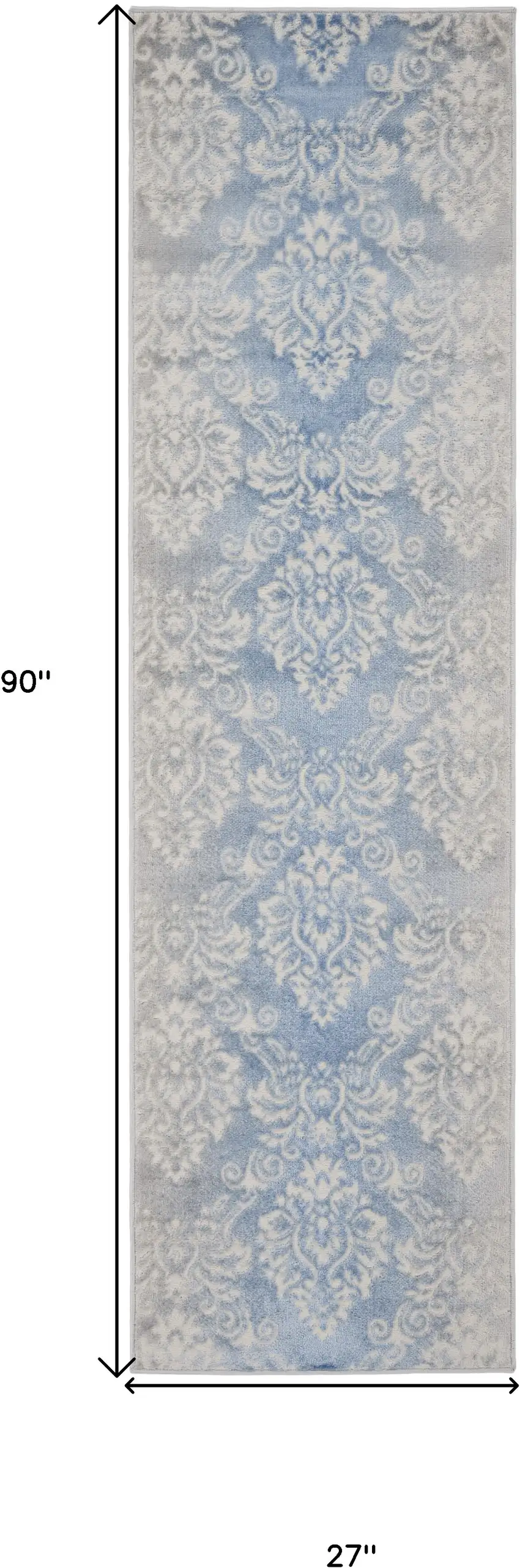 8' Blue and Ivory Damask Distressed Non Skid Runner Rug Photo 3