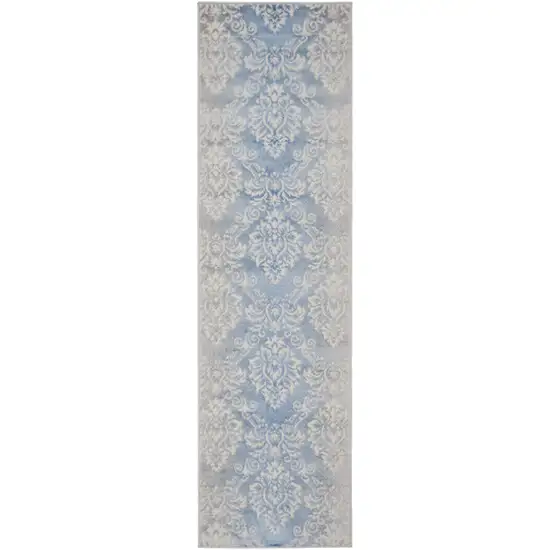 8' Blue and Ivory Damask Distressed Non Skid Runner Rug Photo 2
