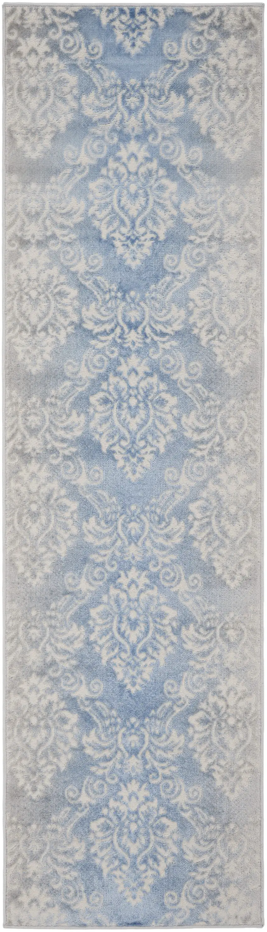 8' Blue and Ivory Damask Distressed Non Skid Runner Rug Photo 2