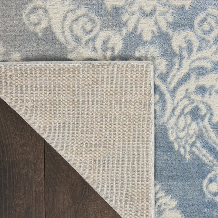 8' Blue and Ivory Damask Distressed Non Skid Runner Rug Photo 5