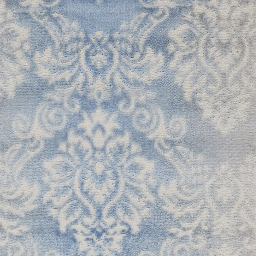 8' Blue and Ivory Damask Distressed Non Skid Runner Rug Photo 6