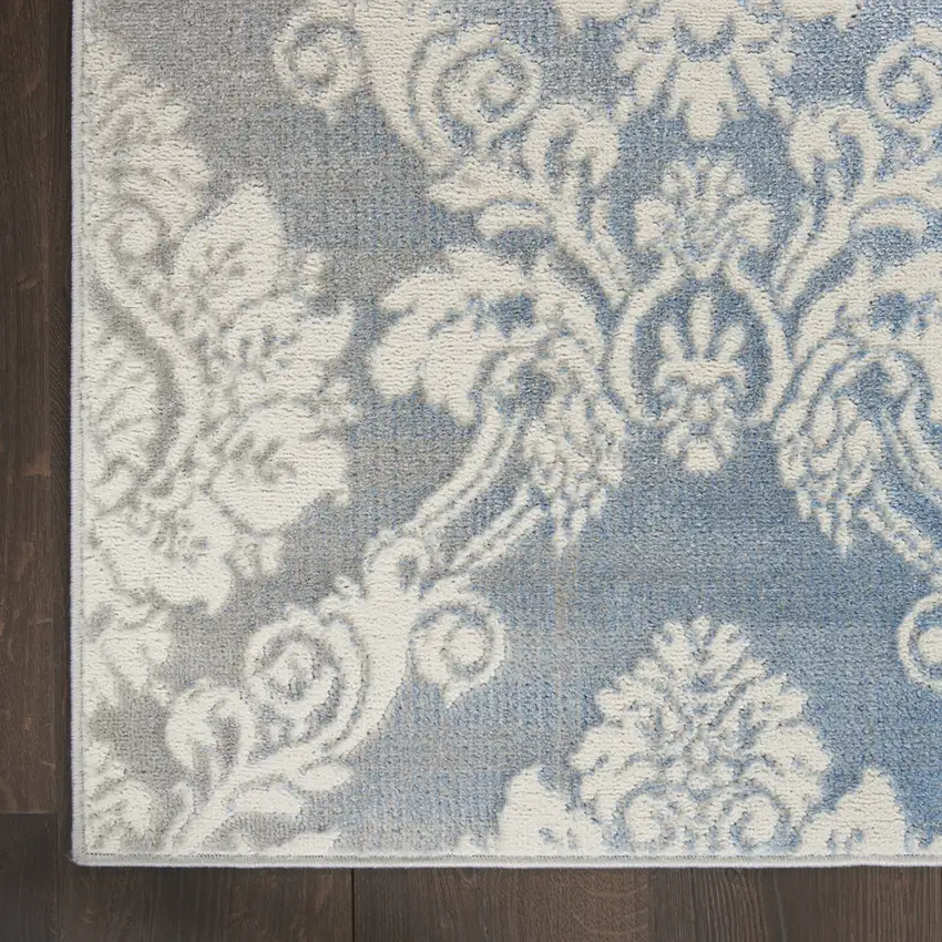 8' Blue and Ivory Damask Distressed Non Skid Runner Rug Photo 7