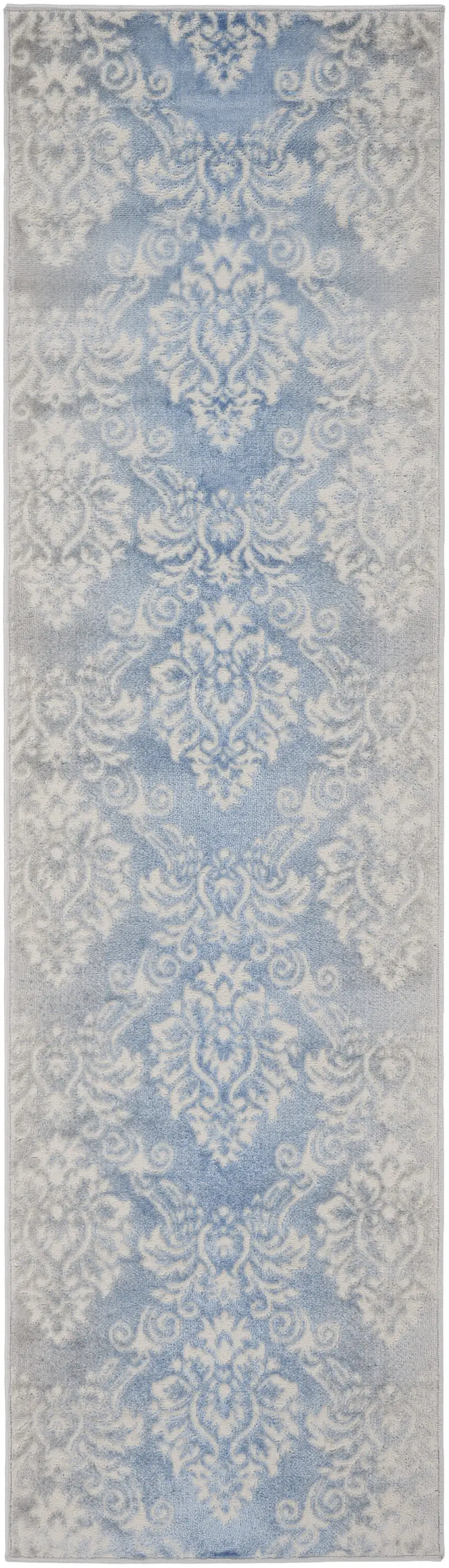 8' Blue and Ivory Damask Distressed Non Skid Runner Rug Photo 1