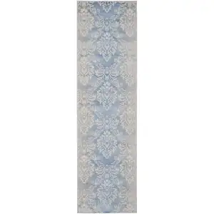 Photo of 8' Blue and Ivory Damask Distressed Non Skid Runner Rug
