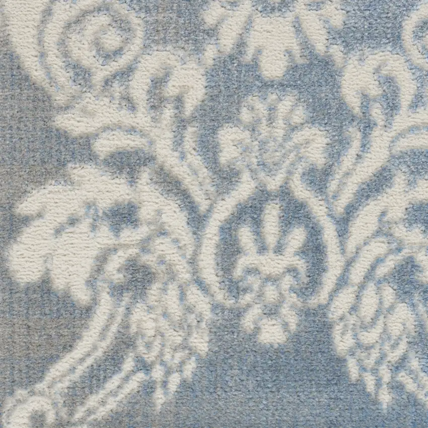8' Blue and Ivory Damask Distressed Non Skid Runner Rug Photo 9