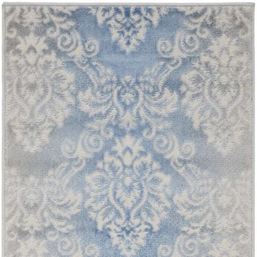 8' Blue and Ivory Damask Distressed Non Skid Runner Rug Photo 7