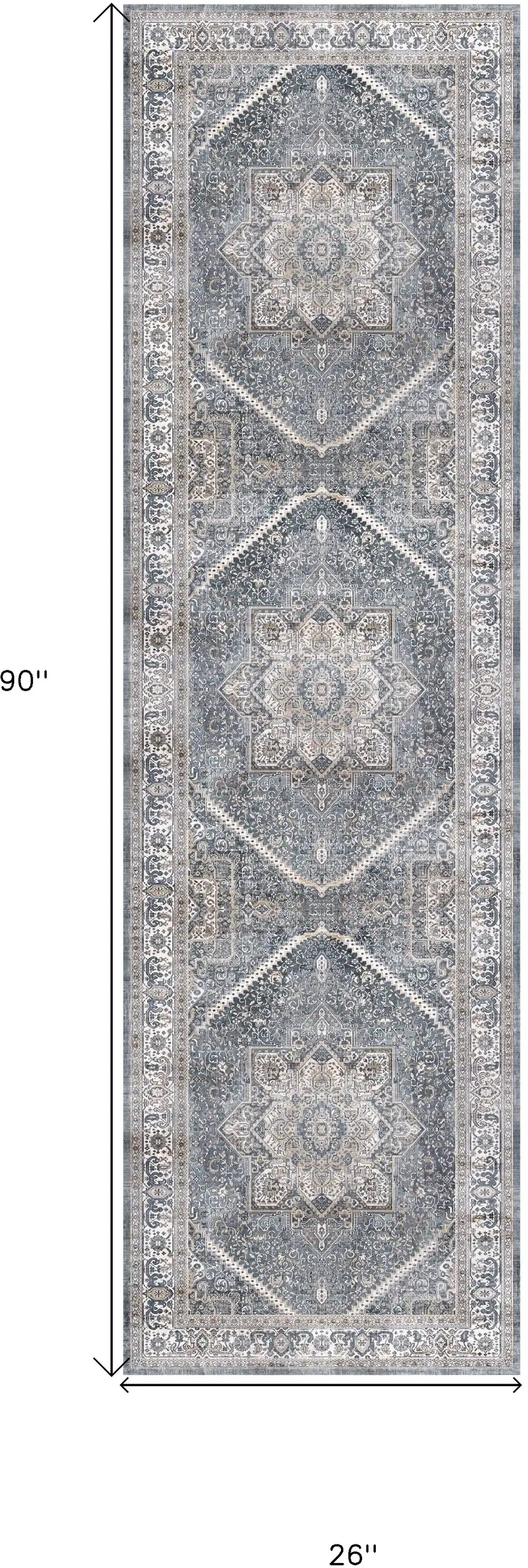 8' Blue and Ivory Floral Medallion Distressed Non Skid Runner Rug Photo 3