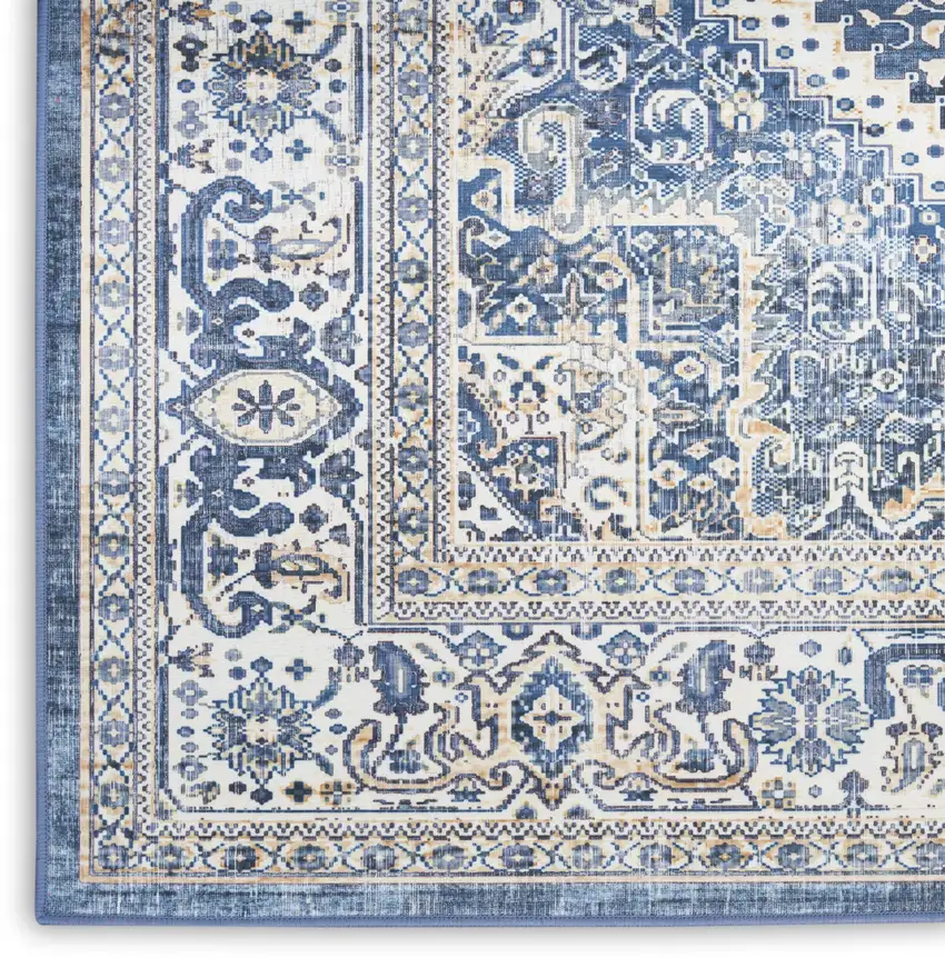 8' Blue and Ivory Floral Medallion Distressed Non Skid Runner Rug Photo 6
