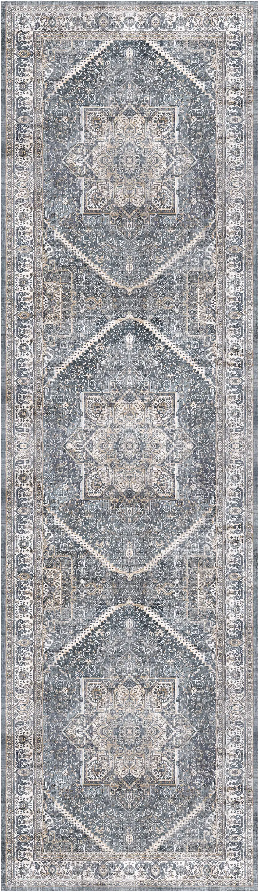 8' Blue and Ivory Floral Medallion Distressed Non Skid Runner Rug Photo 2