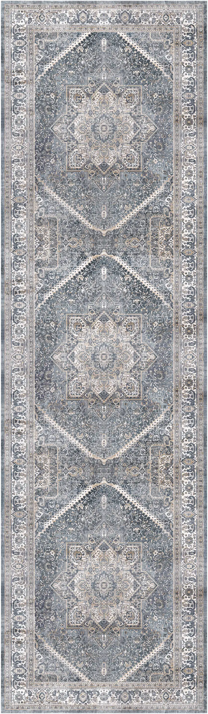 8' Blue and Ivory Floral Medallion Distressed Non Skid Runner Rug Photo 8