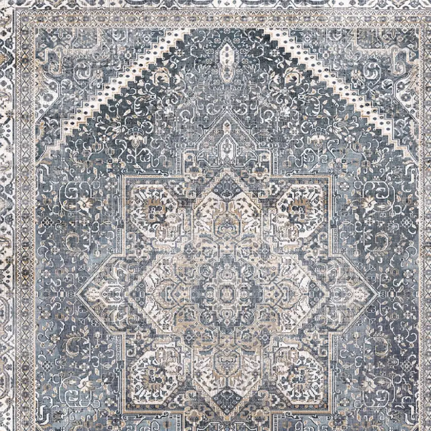 8' Blue and Ivory Floral Medallion Distressed Non Skid Runner Rug Photo 7