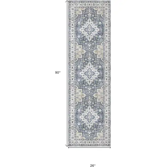 8' Blue and Ivory Floral Medallion Distressed Non Skid Runner Rug Photo 3