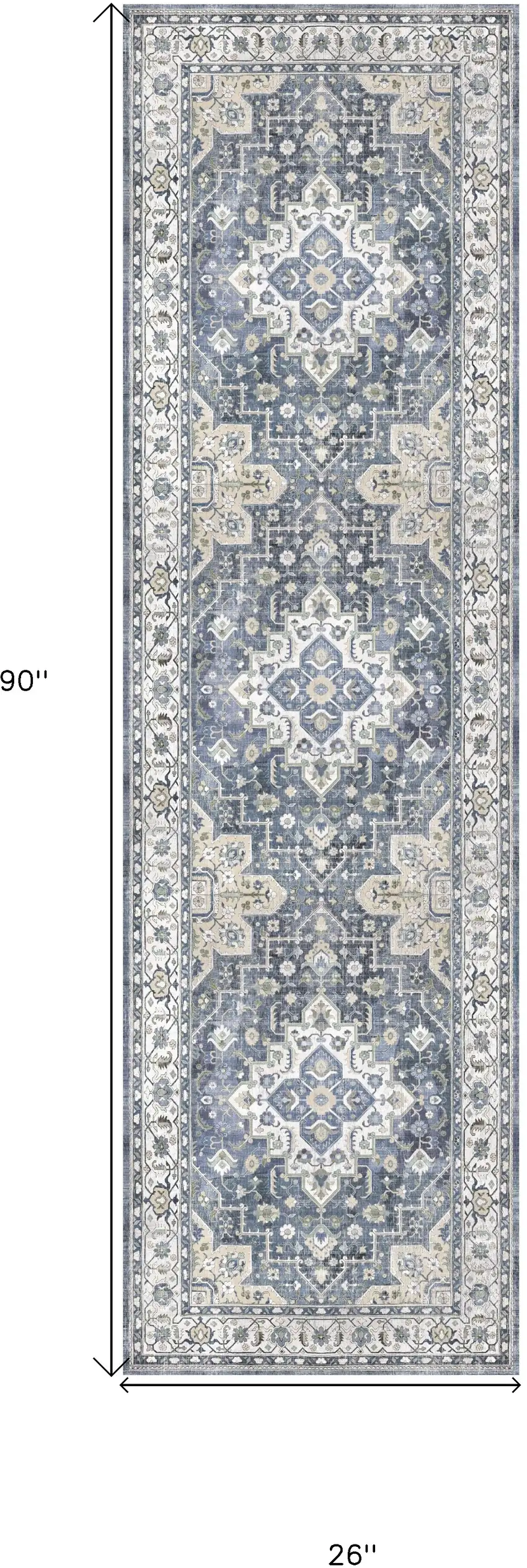 8' Blue and Ivory Floral Medallion Distressed Non Skid Runner Rug Photo 3