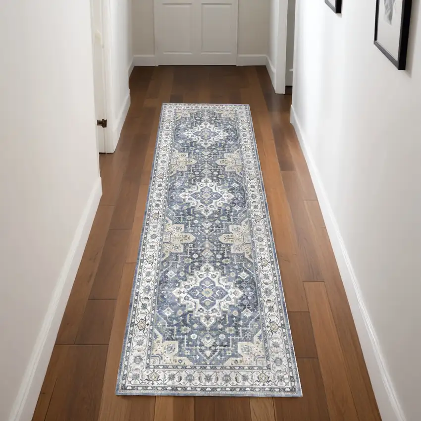 8' Blue and Ivory Floral Medallion Distressed Non Skid Runner Rug Photo 1