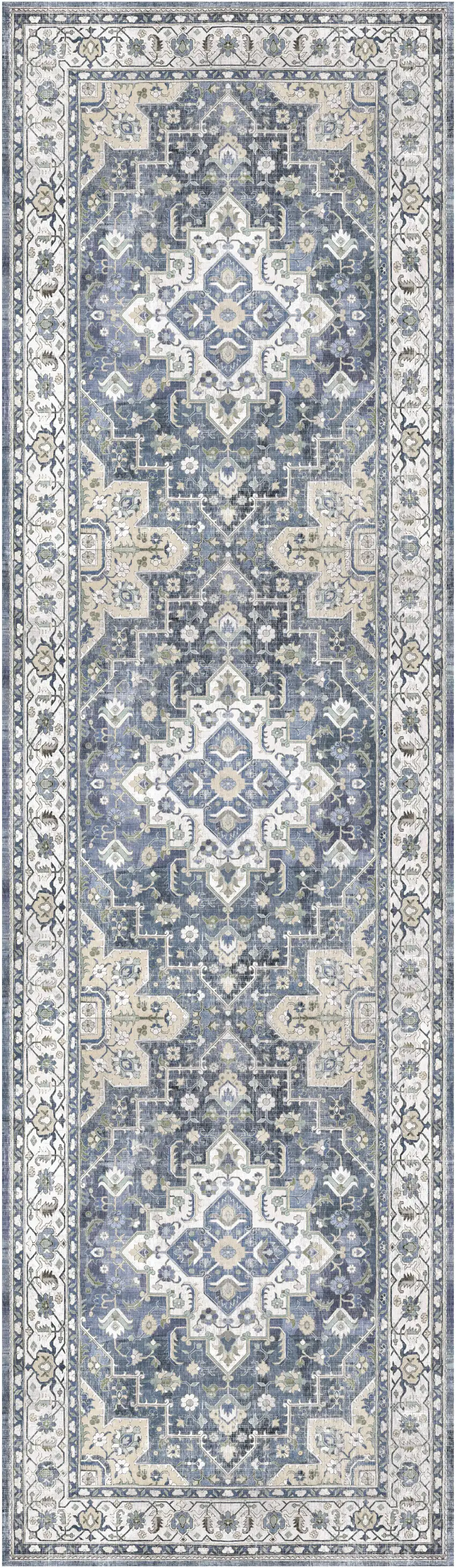 8' Blue and Ivory Floral Medallion Distressed Non Skid Runner Rug Photo 2