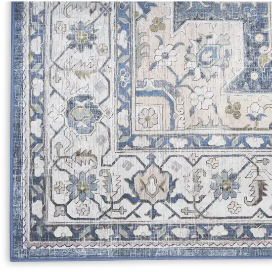 8' Blue and Ivory Floral Medallion Distressed Non Skid Runner Rug Photo 5