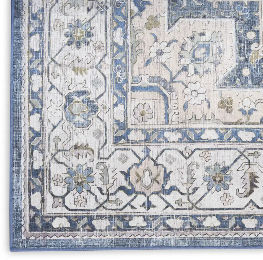 8' Blue and Ivory Floral Medallion Distressed Non Skid Runner Rug Photo 5