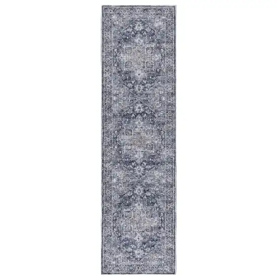 8' Blue and Ivory Floral Power Loom Distressed Washable Runner Rug Photo 2