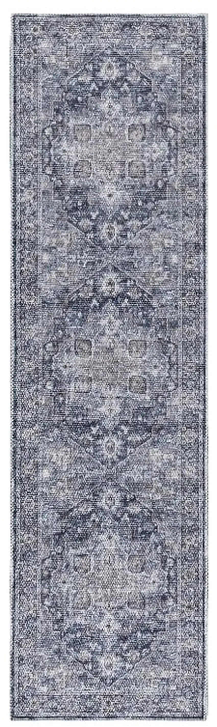 8' Blue and Ivory Floral Power Loom Distressed Washable Runner Rug Photo 2