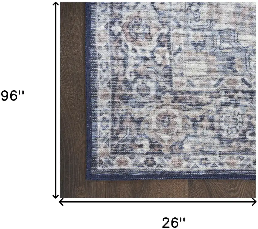 8' Blue and Ivory Floral Power Loom Distressed Washable Runner Rug Photo 7