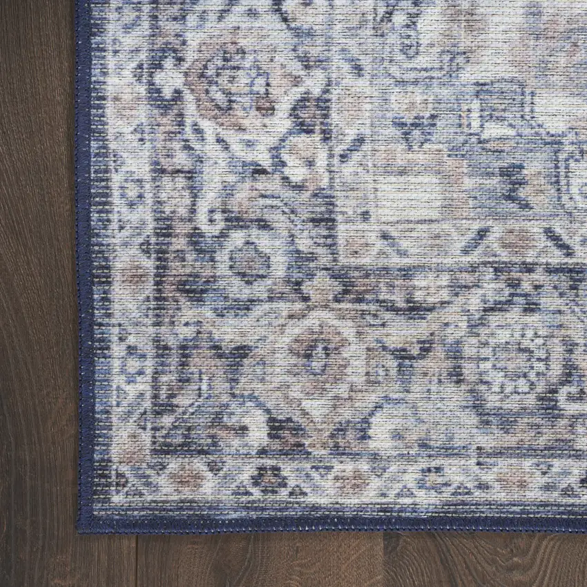 8' Blue and Ivory Floral Power Loom Distressed Washable Runner Rug Photo 7