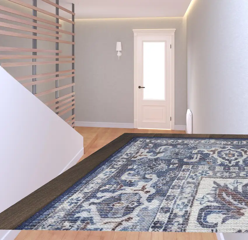 8' Blue and Ivory Floral Power Loom Distressed Washable Runner Rug Photo 2