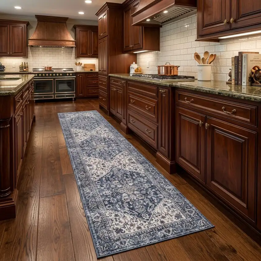 8' Blue and Ivory Floral Power Loom Distressed Washable Runner Rug Photo 1