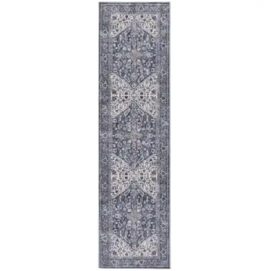 8' Blue and Ivory Floral Power Loom Distressed Washable Runner Rug Photo 2
