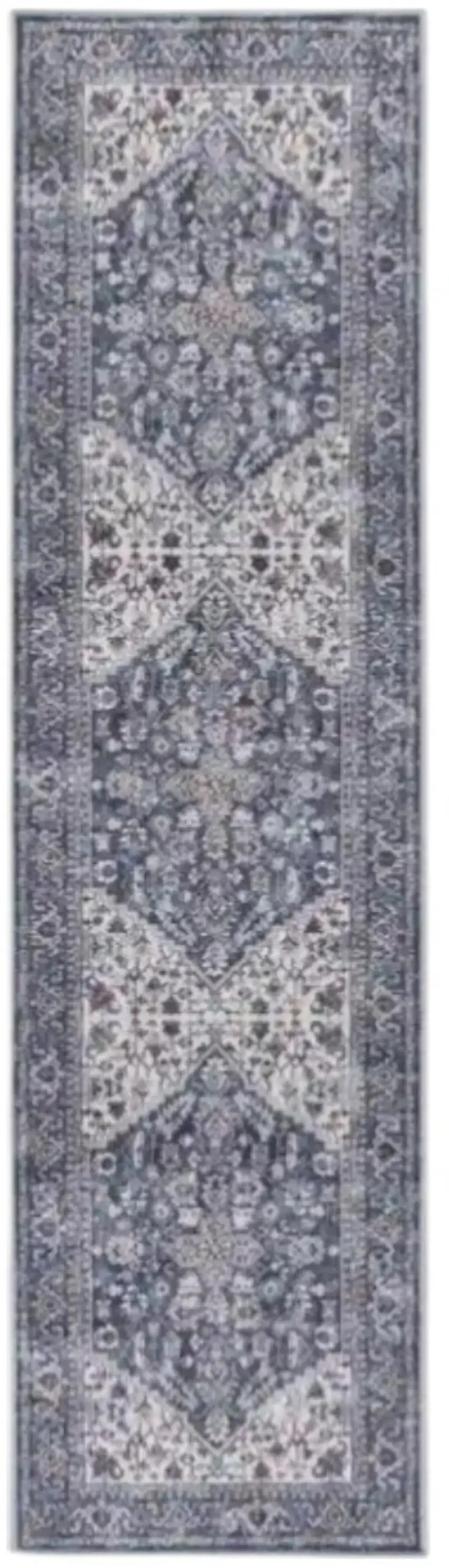 8' Blue and Ivory Floral Power Loom Distressed Washable Runner Rug Photo 2