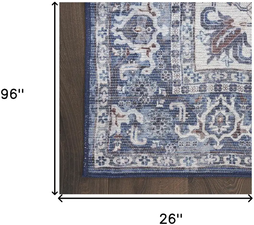 8' Blue and Ivory Floral Power Loom Distressed Washable Runner Rug Photo 7