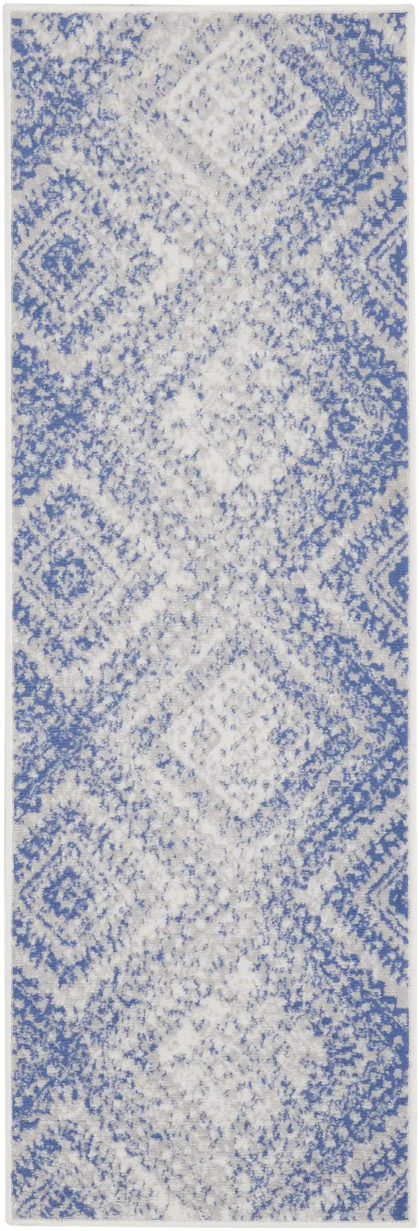 6' Blue and Ivory Geometric Distressed Runner Rug Photo 1