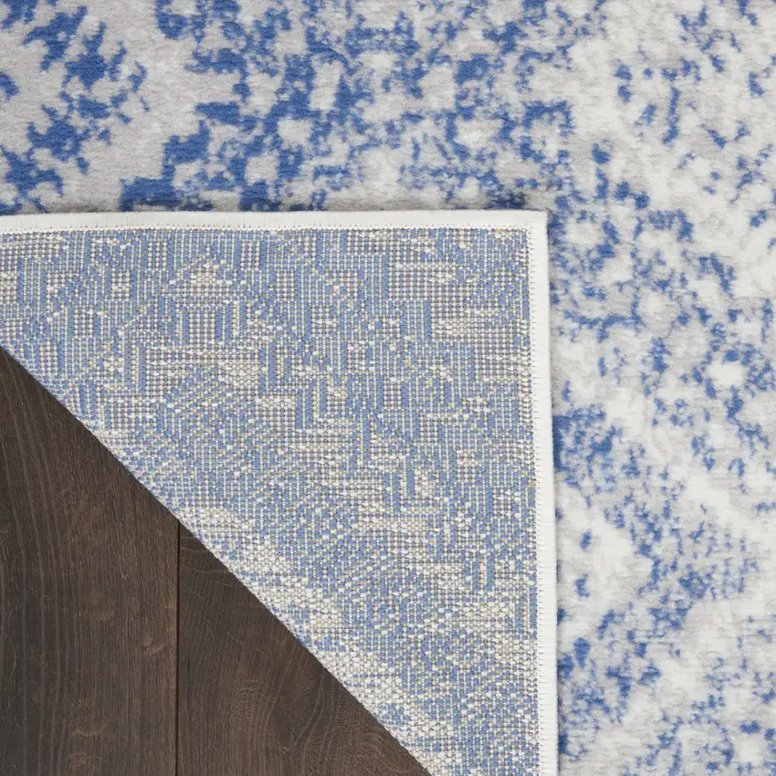 6' Blue and Ivory Geometric Distressed Runner Rug Photo 7
