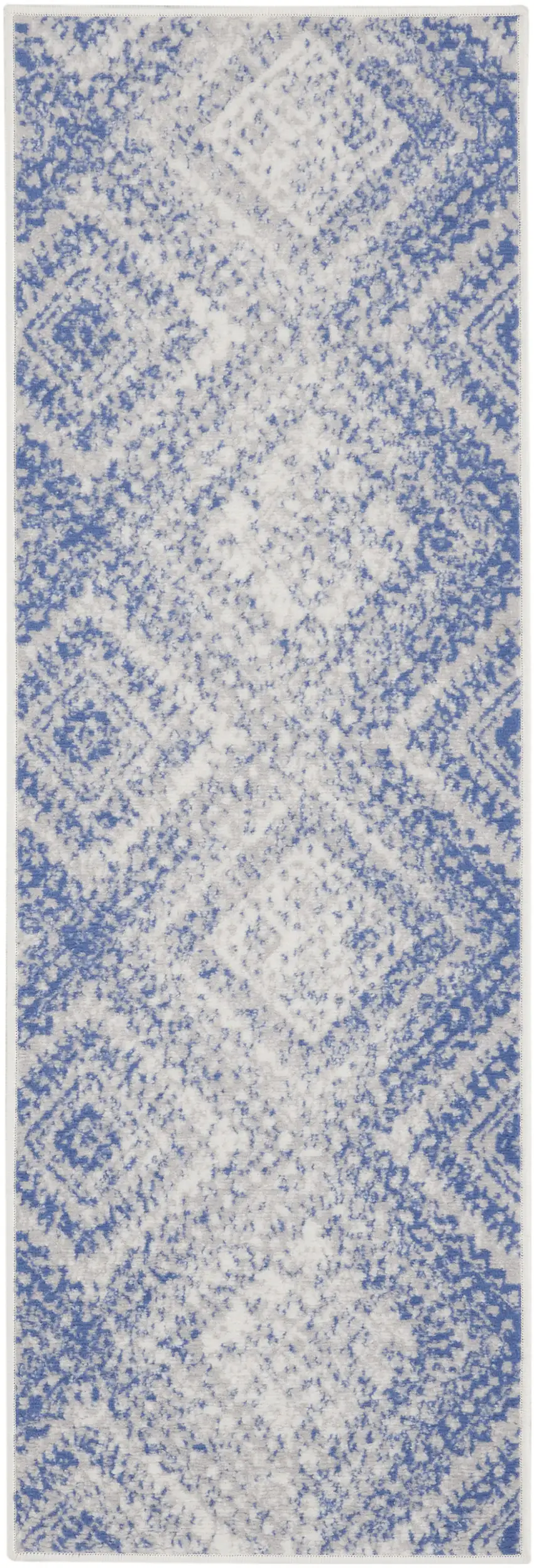 6' Blue and Ivory Geometric Distressed Runner Rug Photo 2
