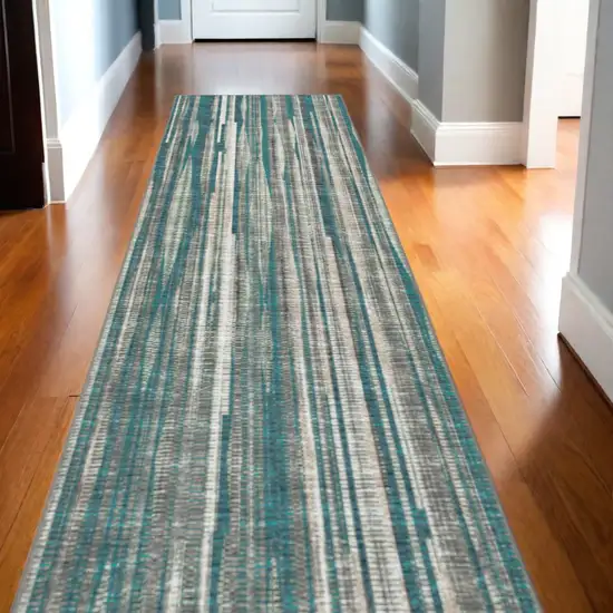 12' Blue and Ivory Ombre Hand Tufted Runner Rug Photo 1