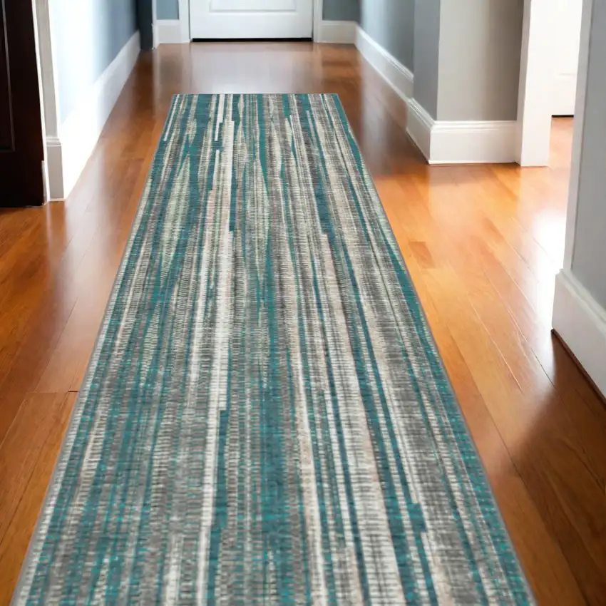 12' Blue and Ivory Ombre Hand Tufted Runner Rug Photo 1